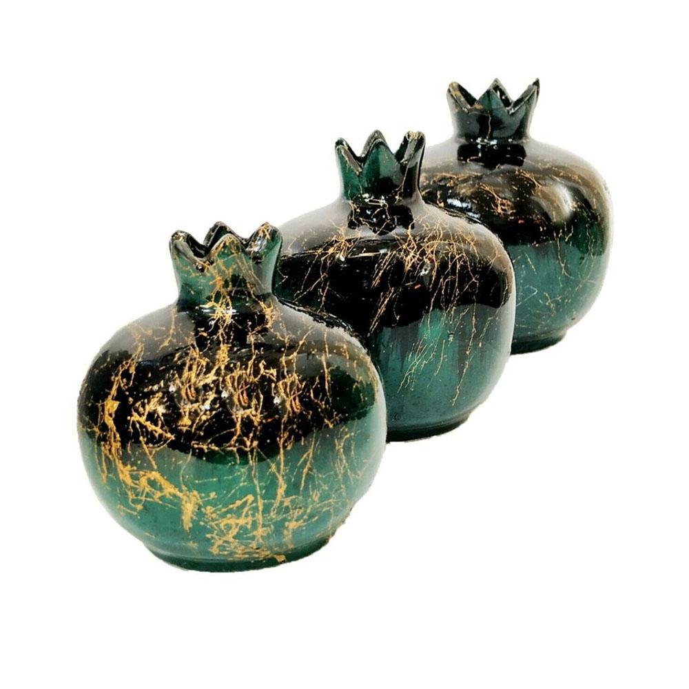 Decorandmore 3'lü Çini Nar Seti-Zümrüt yeşil/siyah-Mermer Desenli El yapımı-Orrjinal Kütahya Seramik
