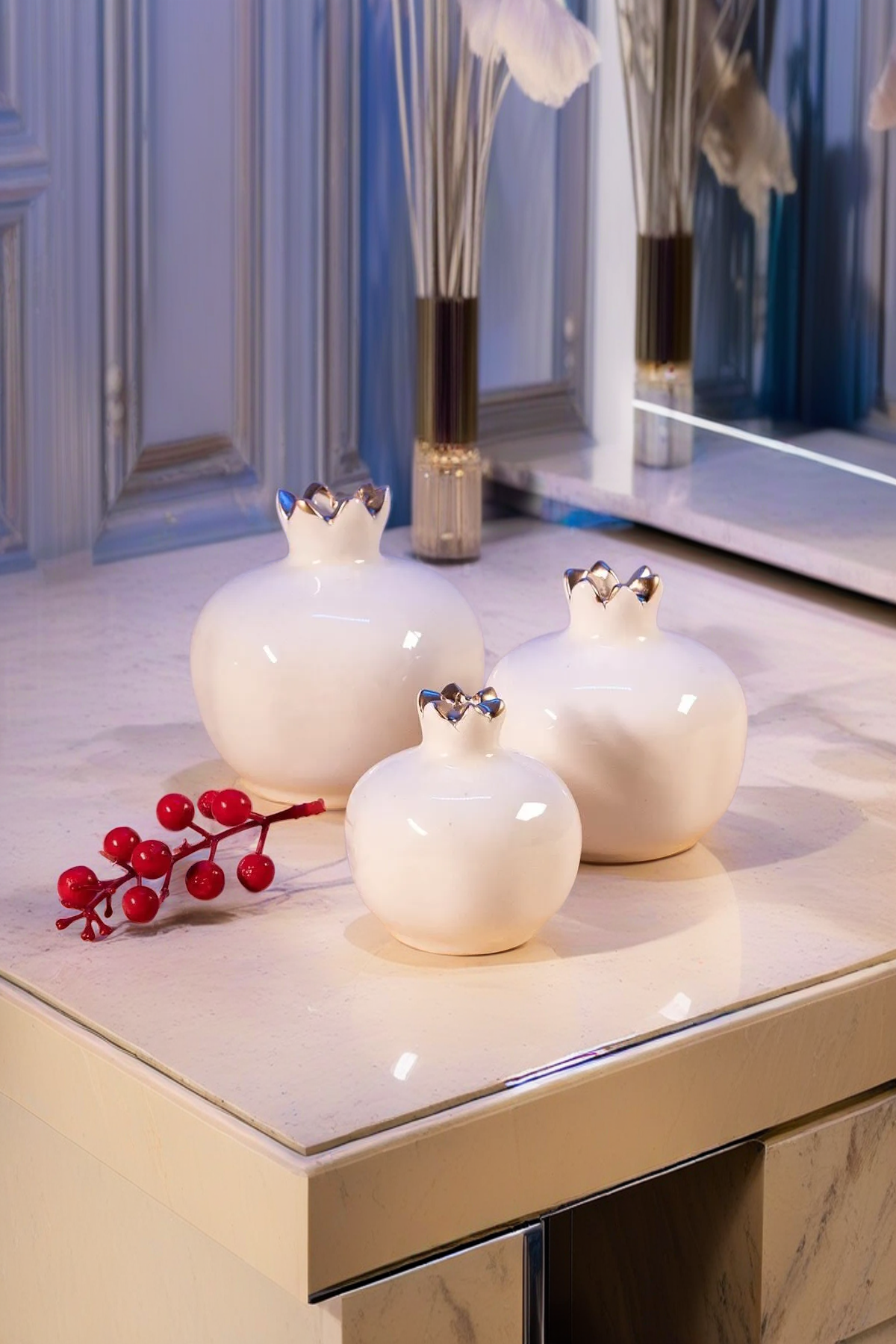 Decorandmore Dekoratif Seramik Obje Nar Seti Kırık Beyaz