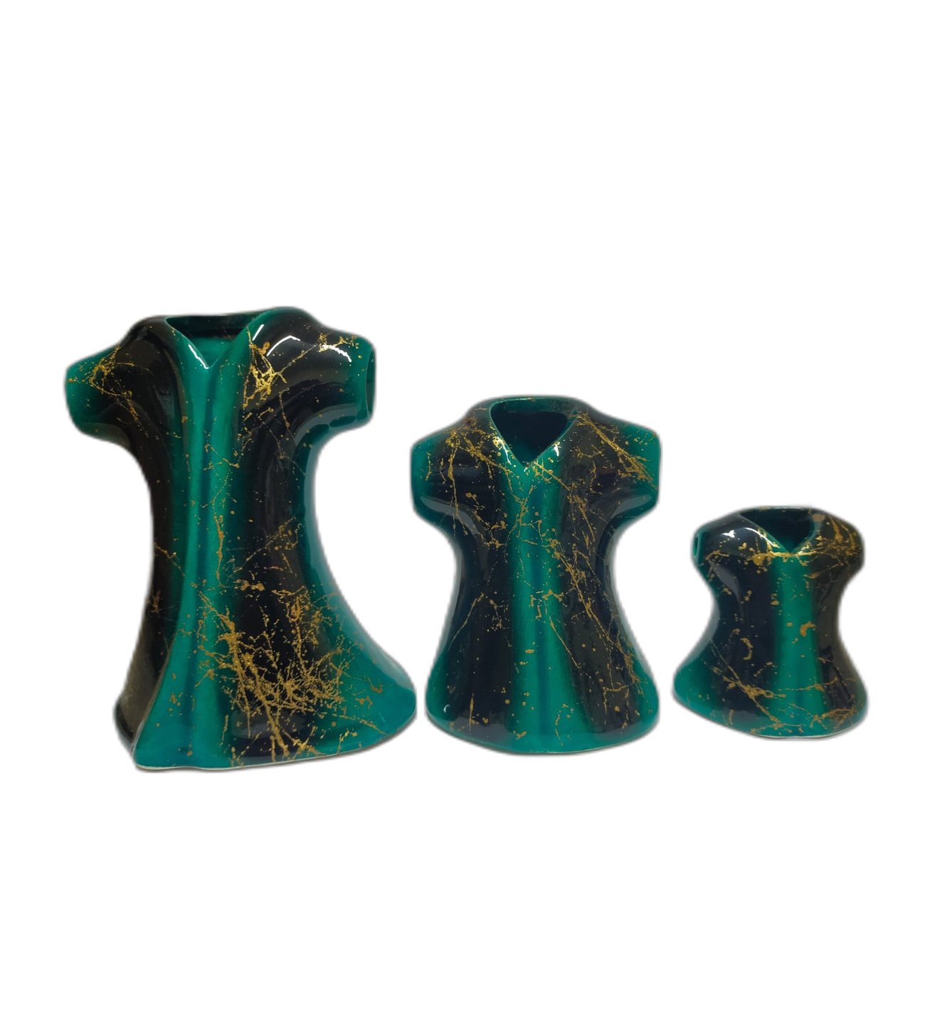 Ege Seramik Tasarımı Kaftan biblo Tamamen El Yapımı Turkuaz Yeşil Altın Mermer Desenli 3'lü