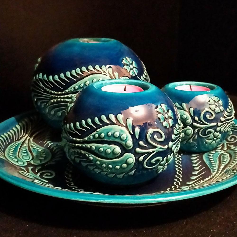 Ege Dekoratif Seramik Mumluk 3'lü ve Tabakllı Set Turkuaz