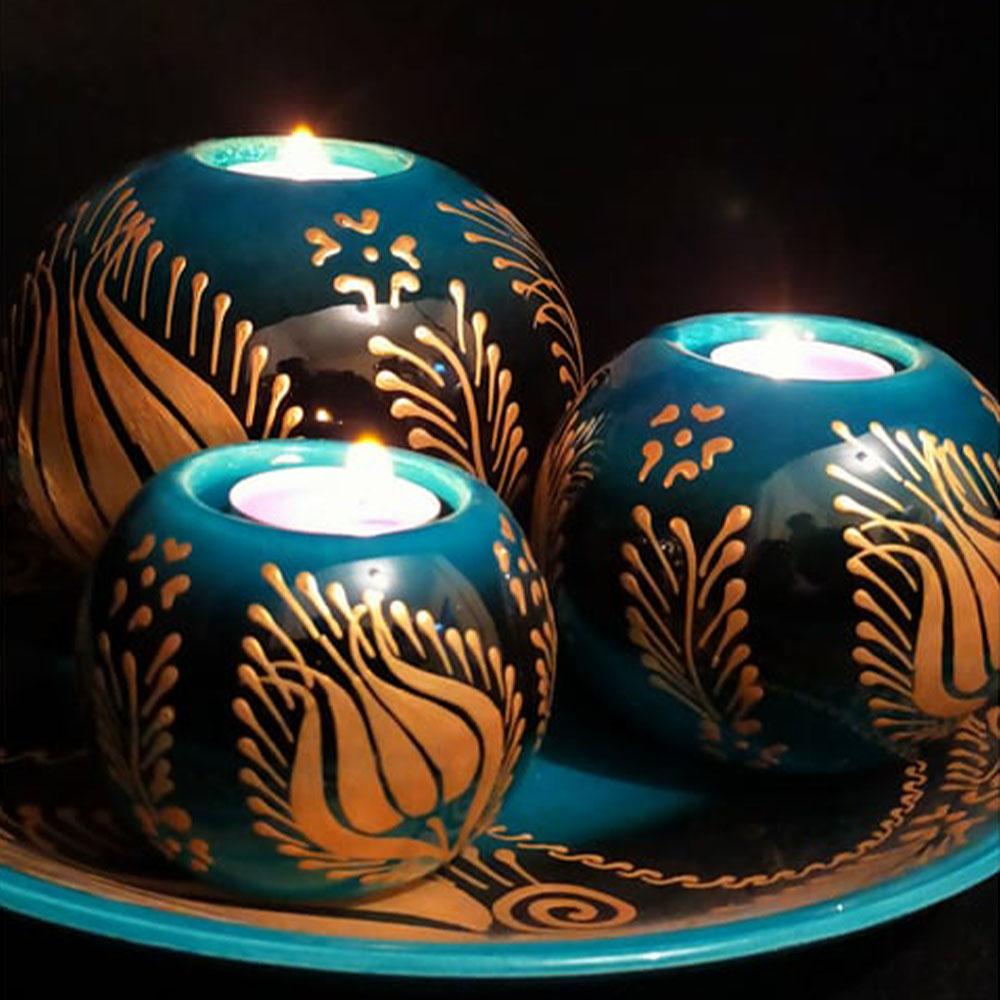 Ege Dekoratif Seramik Mumluk 3'lü ve Tabakllı Set Turkuaz Gold