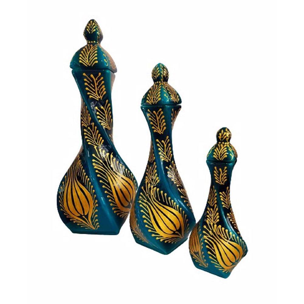Ege El işlemeli Altın - Turkuaz Burgu Vazo 3 lü Seti