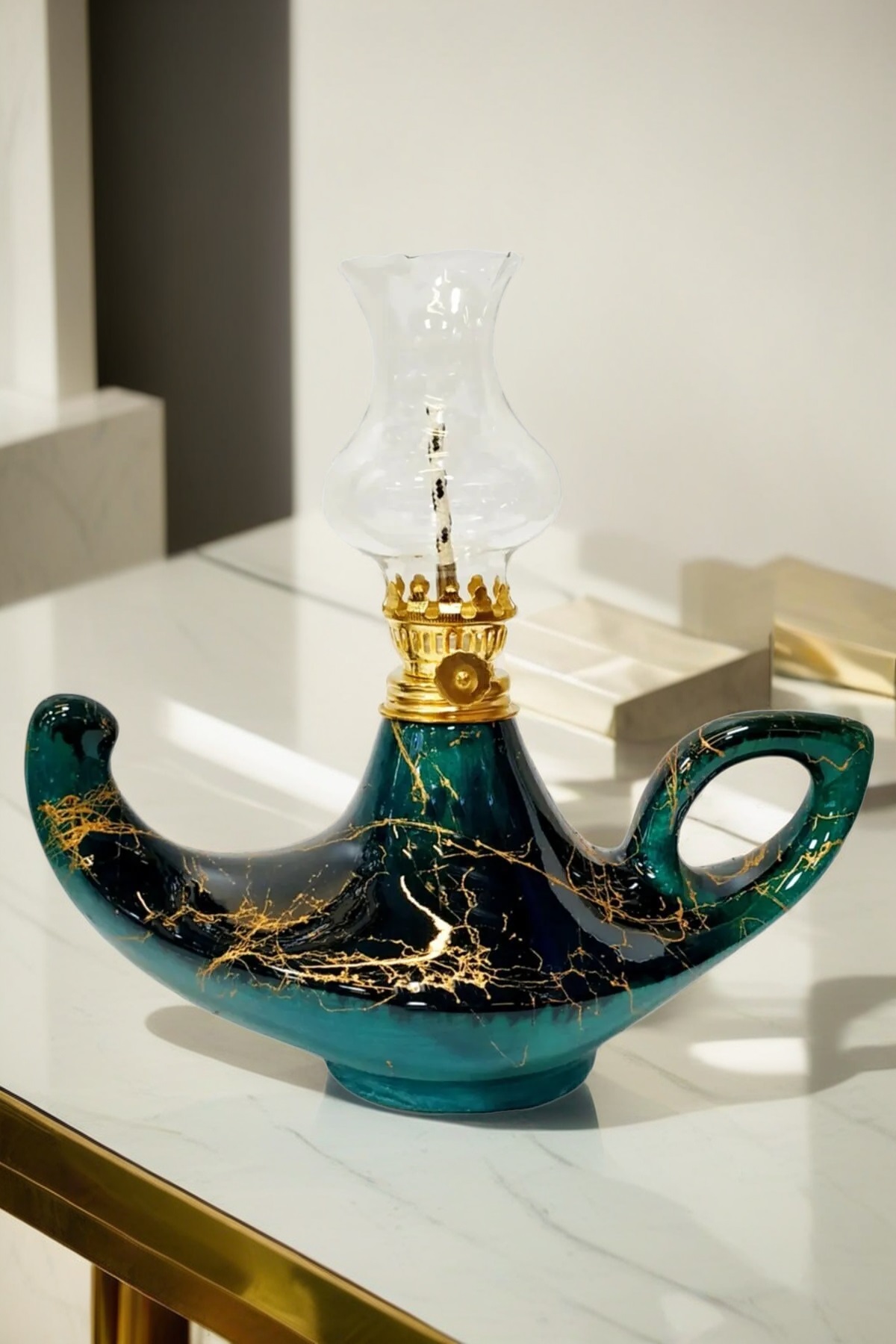 Mermer Desenli Siyah/zümrüt Yeşil El Yapımı Kütahya Çinisi Gaz Lambası Büyük Aladdin Gaz Lambası